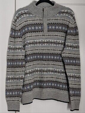 Aspen Quarter Zip Sweater Mens XL Grey Fair Isle Merino Wool Blend Pullover